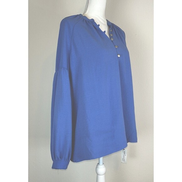 NY Collection Balloon Sleeve Peasant Blue Blouse Plus Size 2X (18/20) - Picture 10 of 15